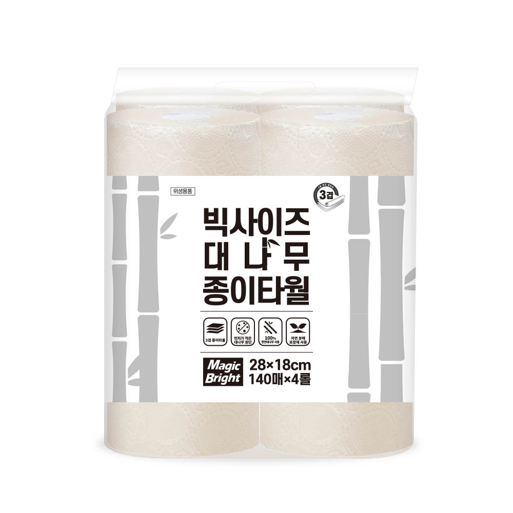 먼지없는 대나무 키친타올 빅사이즈 도톰한 3겹 키친타월 미트페이퍼 4롤 560매, 1팩 - 상품 이미지