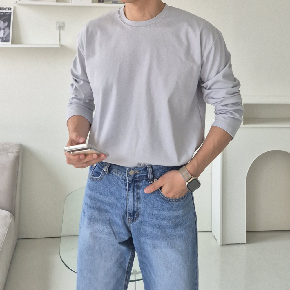 남자 긴팔티 오버핏 이너 흰색 분또 무지 티셔츠 - 상세 이미지 4