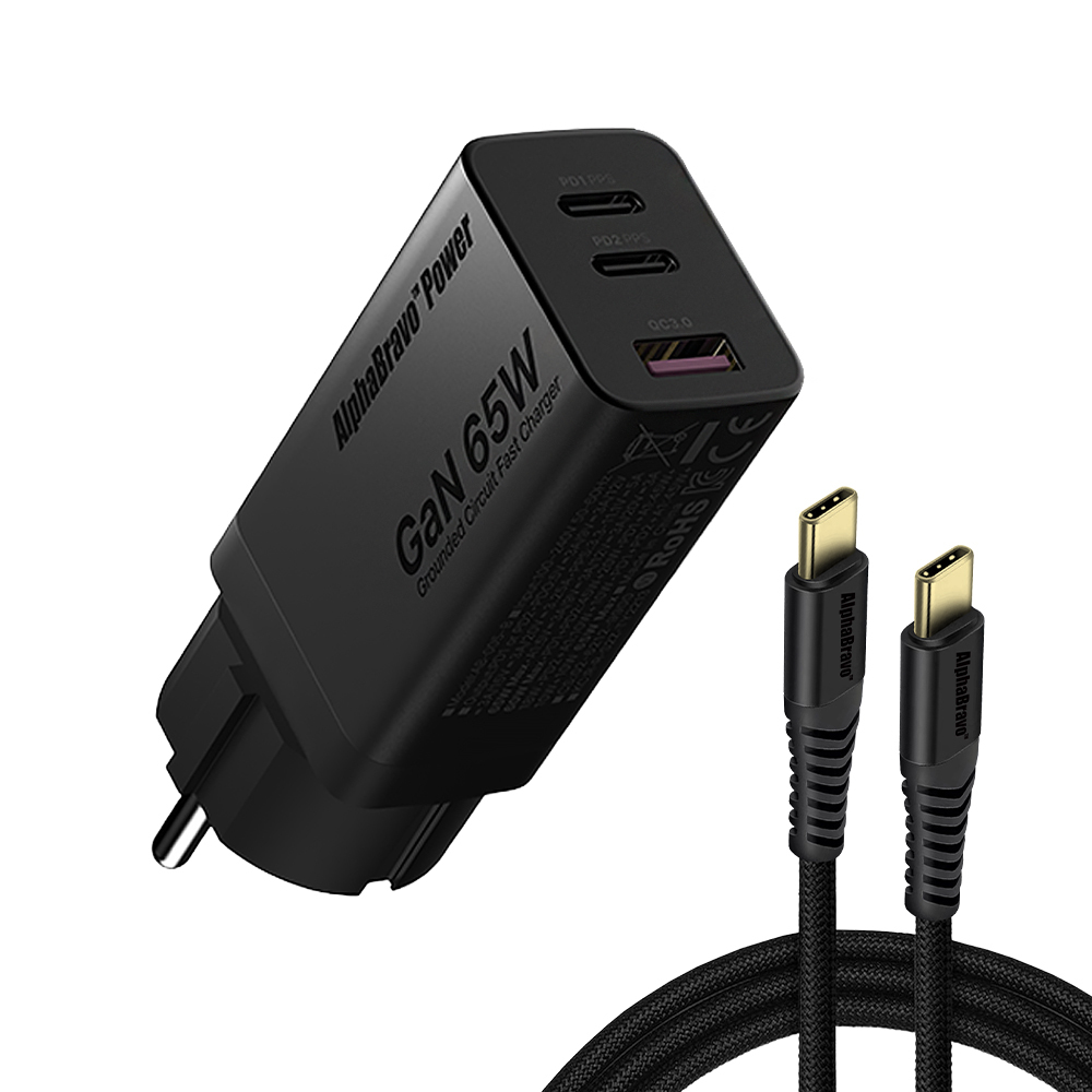 알파브라보 GaN 65W 고속충전기 PD C타입+퀄컴 4.0 100W C to C 케이블 1m 2개 - 상품 이미지