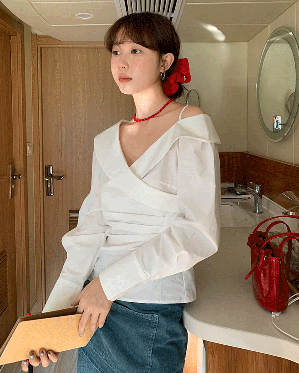 커버 브이넥 여성 가을 오프숄더 허리 셔링 긴팔 셔츠 하객룩 블라우스