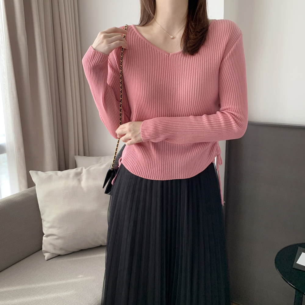 루즈핏 스트링 골지 브이넥 니트 봄 가을 여성 니트 티 핑크 블랙