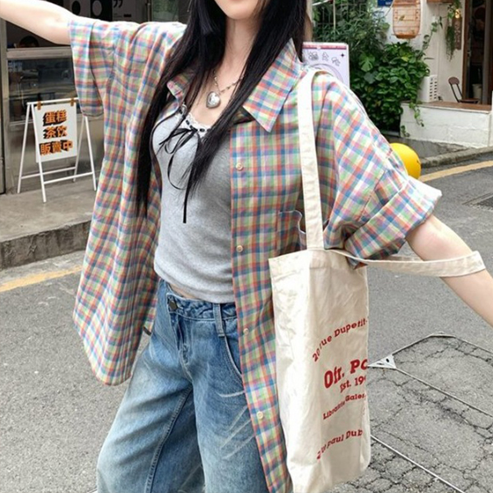 여자 체크 셔츠 남방 여성 봄 가을 반팔 여름 겨울 레이어드 캐쥬얼 10대 포켓 무늬 - 상품 이미지