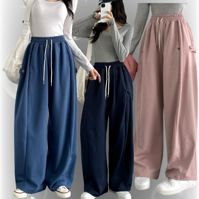 보드 사이드스냅 비조 버튼 롱와이드 트레이닝 추리닝 밴딩팬츠 - 상품 이미지