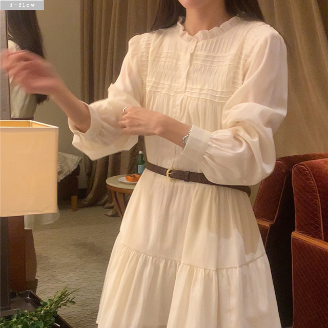 파우 프릴 쉬폰 버튼 벨트 미니 원피스 2col 가을 봄 루즈핏 라운드 하객 제이플로우 - 상세 이미지 3