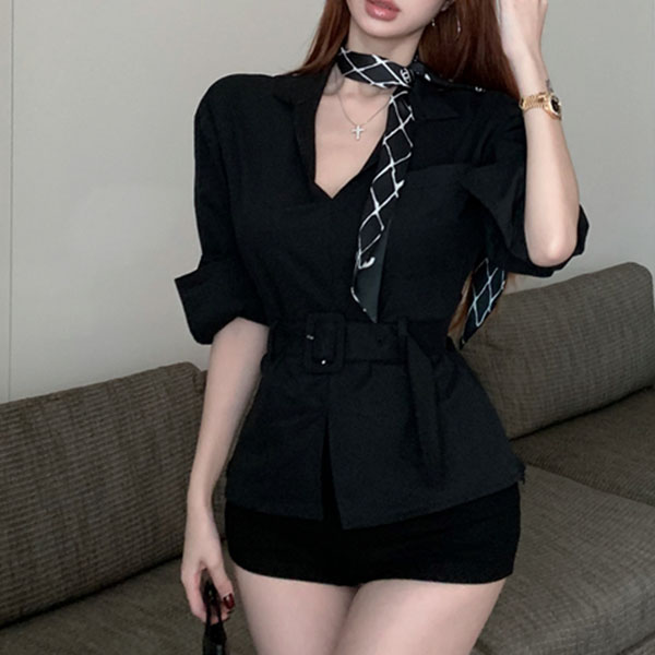 카라 노버튼 포켓 베이직 심펄 벨트 러플 긴팔 셔츠 남방 OA325647ps : 피어리스