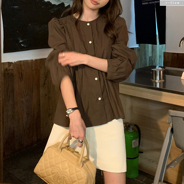 히렌 핀턱주름 라운드 퍼프 코튼 블라우스 3col 가을 봄 벌룬 라인 루즈핏 제이플로우 이미지 6