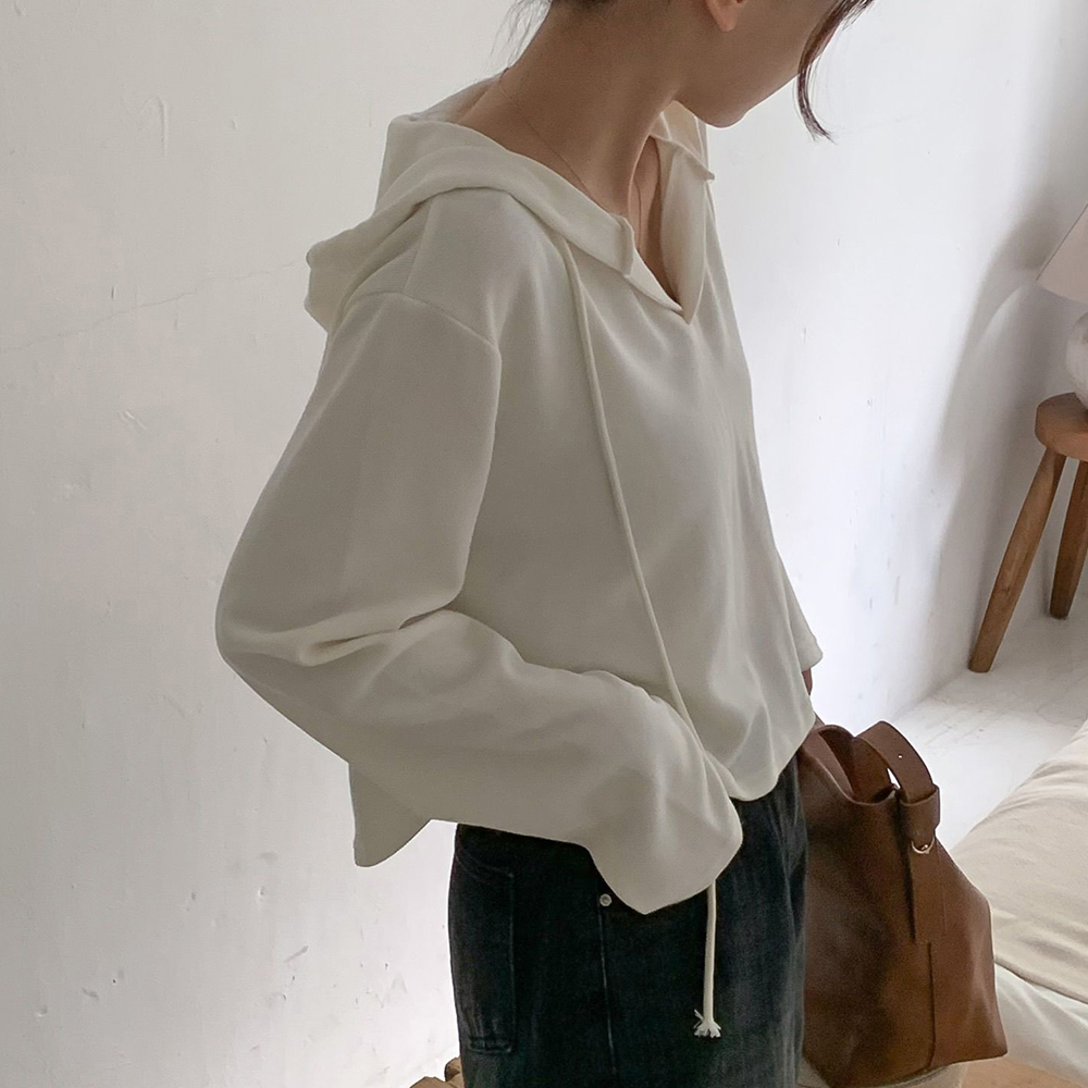 크롭 여자 오버핏 후드 티 간절기 여성 긴팔 티셔츠 - 메인 이미지