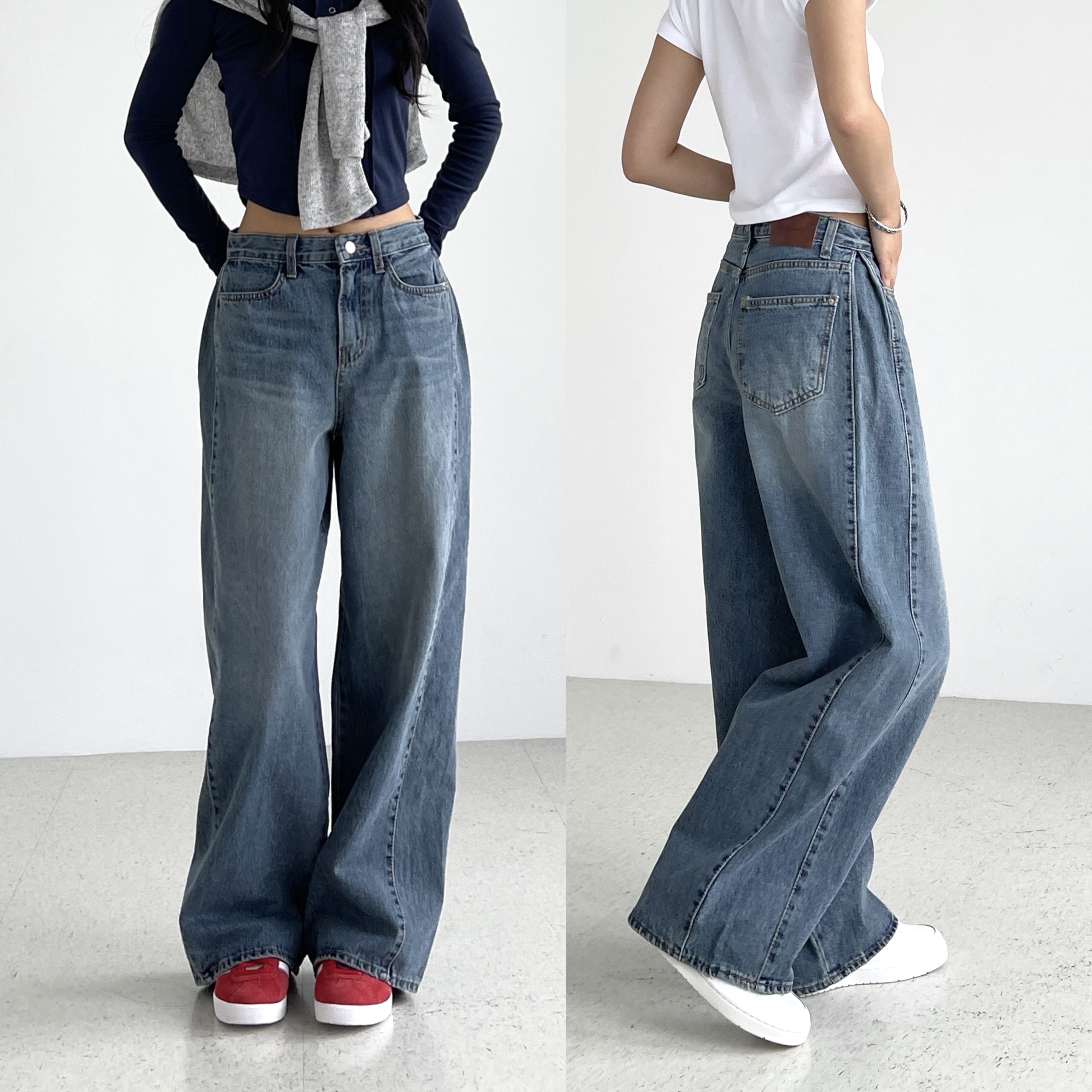 여성 와이드 청바지 하이웨스트 핀턱 중청 봄 가을 통 데님팬츠 힙합 뉴진스바지