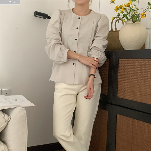 히렌 핀턱주름 라운드 퍼프 코튼 블라우스 3col 가을 봄 벌룬 라인 루즈핏 제이플로우 이미지 8