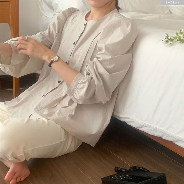 히렌 핀턱주름 라운드 퍼프 코튼 블라우스 3col 가을 봄 벌룬 라인 루즈핏 제이플로우 이미지 7