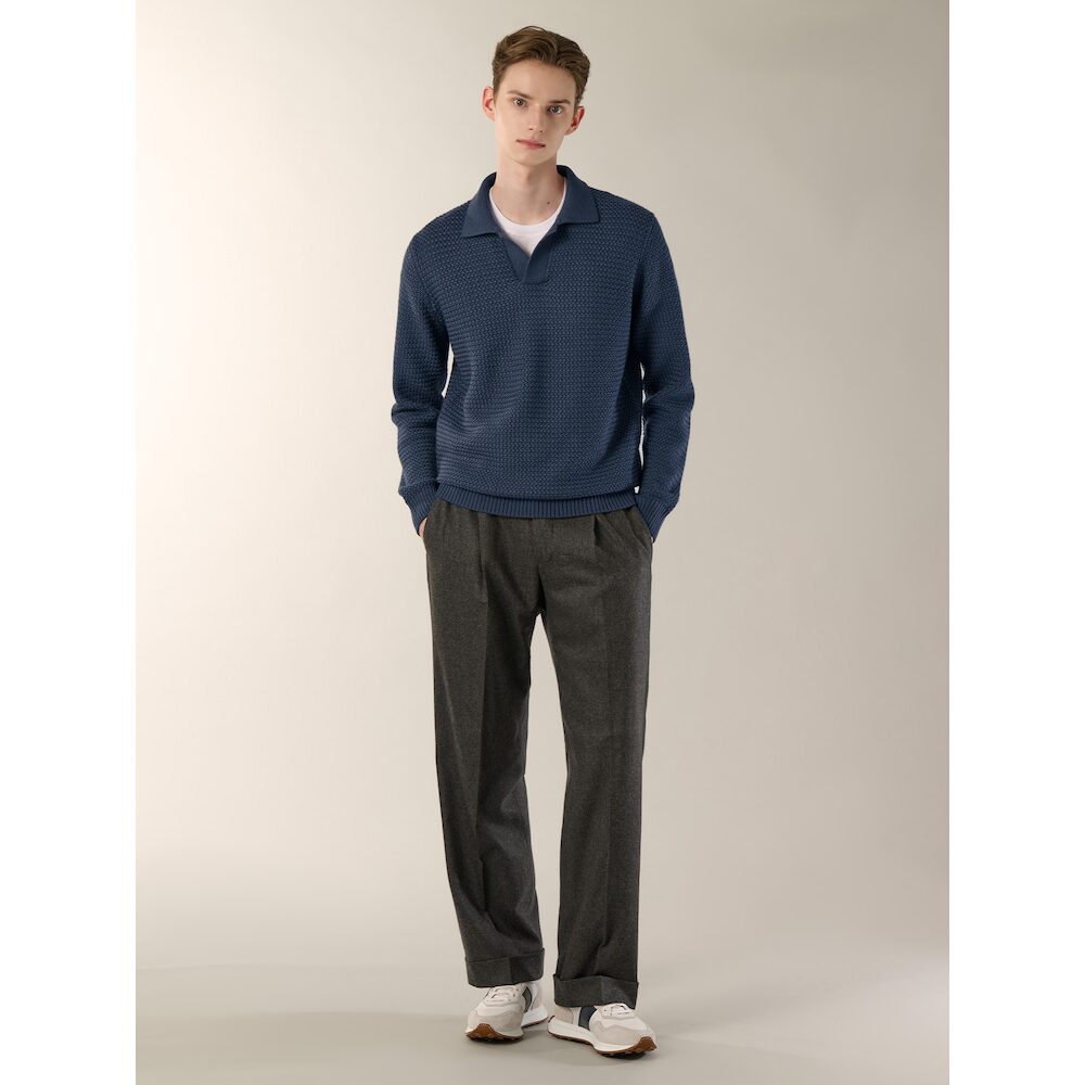 [LANSMERE] FILIPPO DE LAURENTIIS 오픈 칼라 와플 조직 스웨터  블루 (LA4851FL8P) : 란스미어