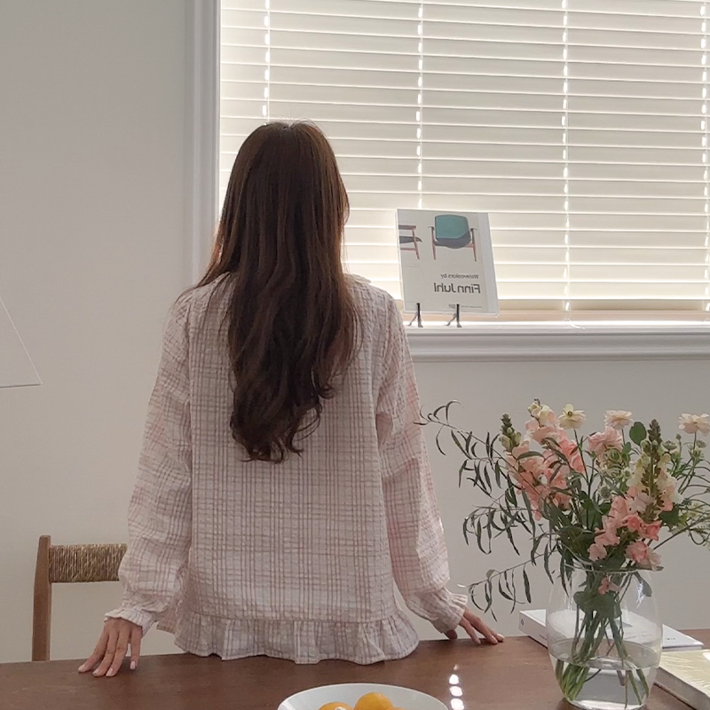 헤이린 순면 체크잠옷 프릴 레이스 봄 가을 사계절 긴팔잠옷 커플 파자마 세트 홈웨어 3color 이미지 6