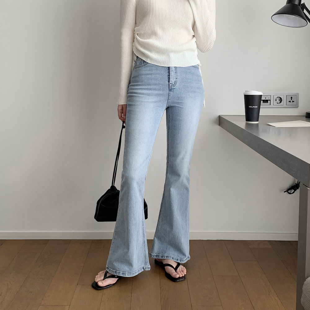 슬림핏 하이웨스트 부츠컷 청바지 여성 와이드진 데님 팬츠 연청 여자 청바지 연청바지