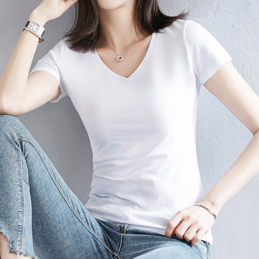 브이넥 반팔 티셔츠 무지 V넥 티 기본 슬림핏 여름 단체 이너 흰 심플 흰색 화이트 여자 - 상품 이미지