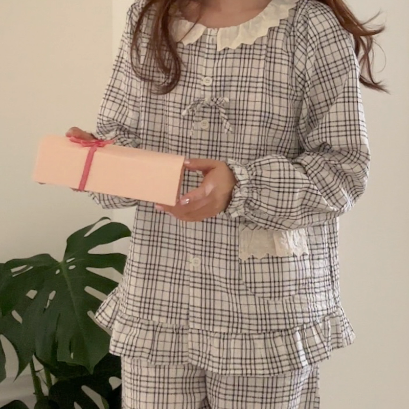 헤이린 순면 체크잠옷 프릴 레이스 봄 가을 사계절 긴팔잠옷 커플 파자마 세트 홈웨어 3color - 상세 이미지 2