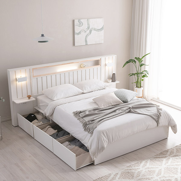 삼익가구 히노 호텔식 편백나무 LED 조명 수납 호텔 침대 프레임 슈퍼싱글 / 매트리스 제외