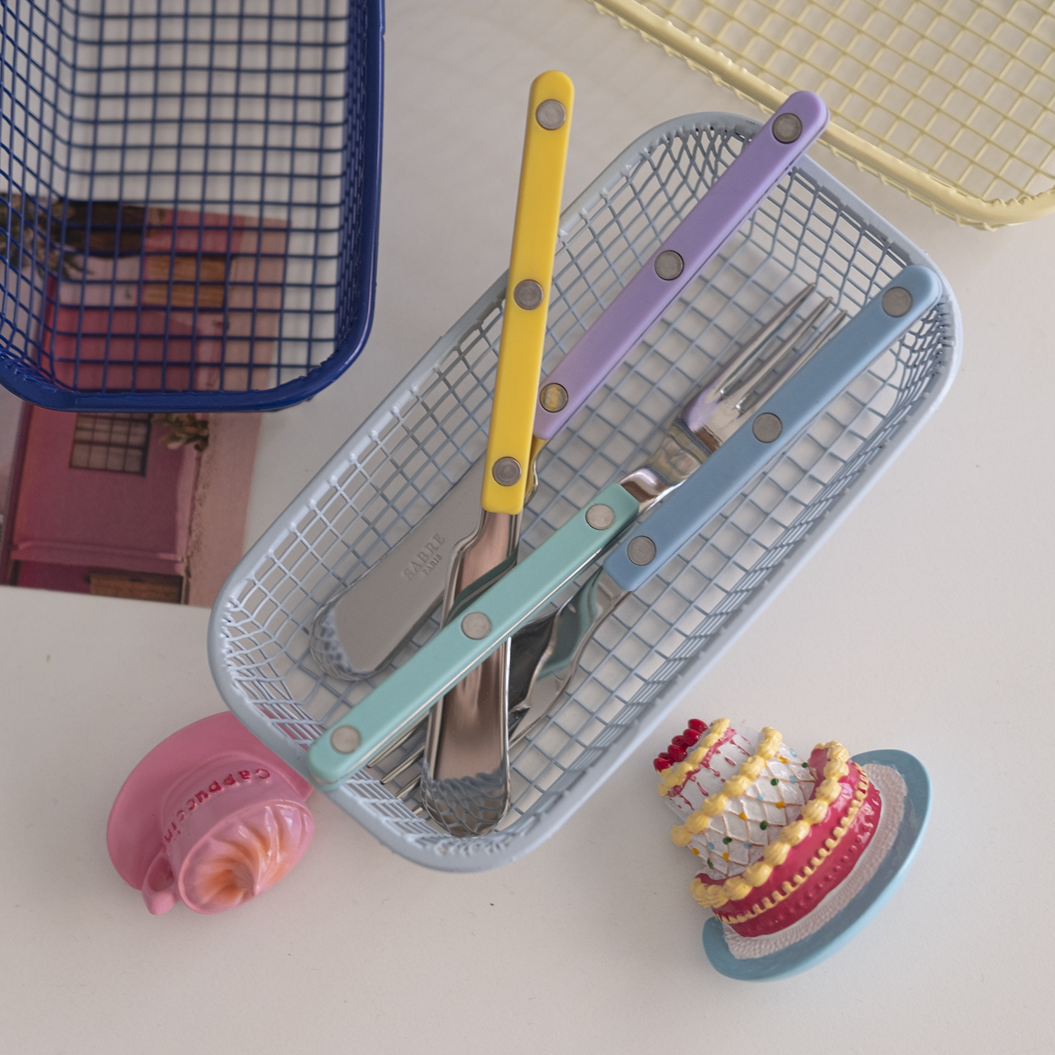 철제 미니 바스켓 직사각 레트로 파스텔톤 주방 화장대 정리 용기