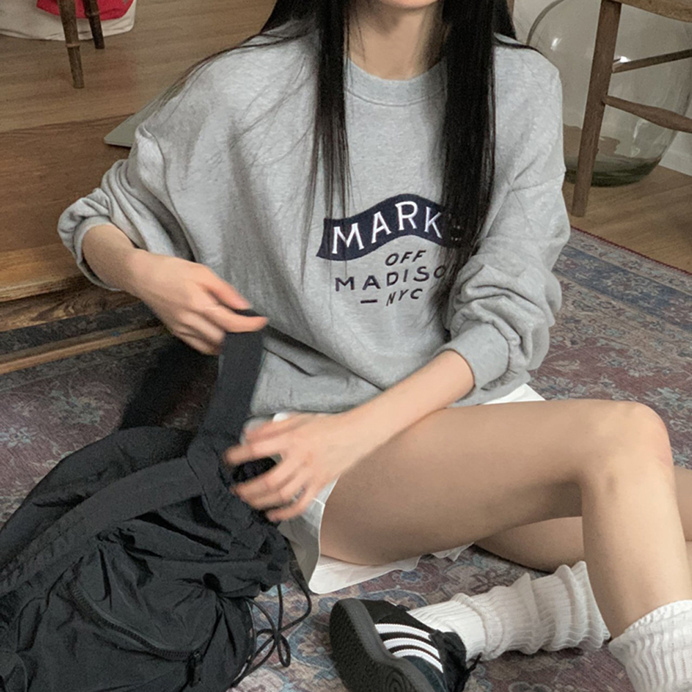 데일리 오버핏 레터링 자수 여성 맨투맨 박스티 봄 여자 티셔츠 코튼 라운드