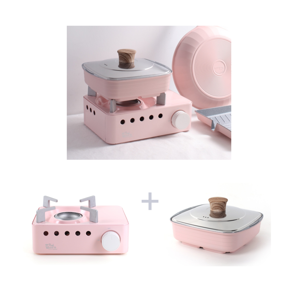 핑크 가스버너 휴대용 미니 브루스타 고기 불판 냄비 2종 세트