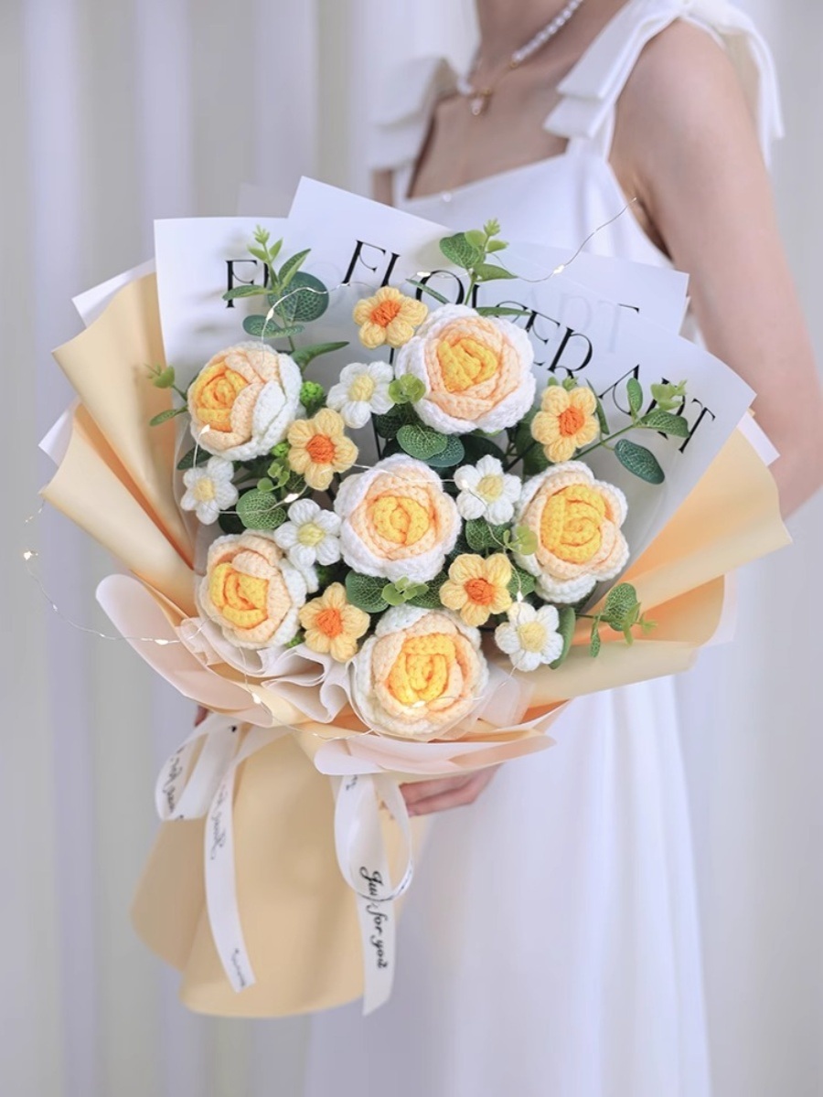 뜨개질 꽃다발 시들지 않는 완제품 DIY 뜨개 선물용 부케 졸업 니트 양모 - 상세 이미지 2
