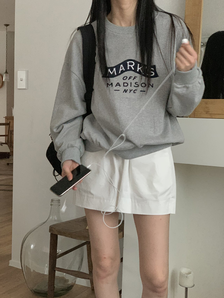 데일리 오버핏 레터링 자수 여성 맨투맨 박스티 봄 여자 티셔츠 코튼 라운드 - 상세 이미지 2