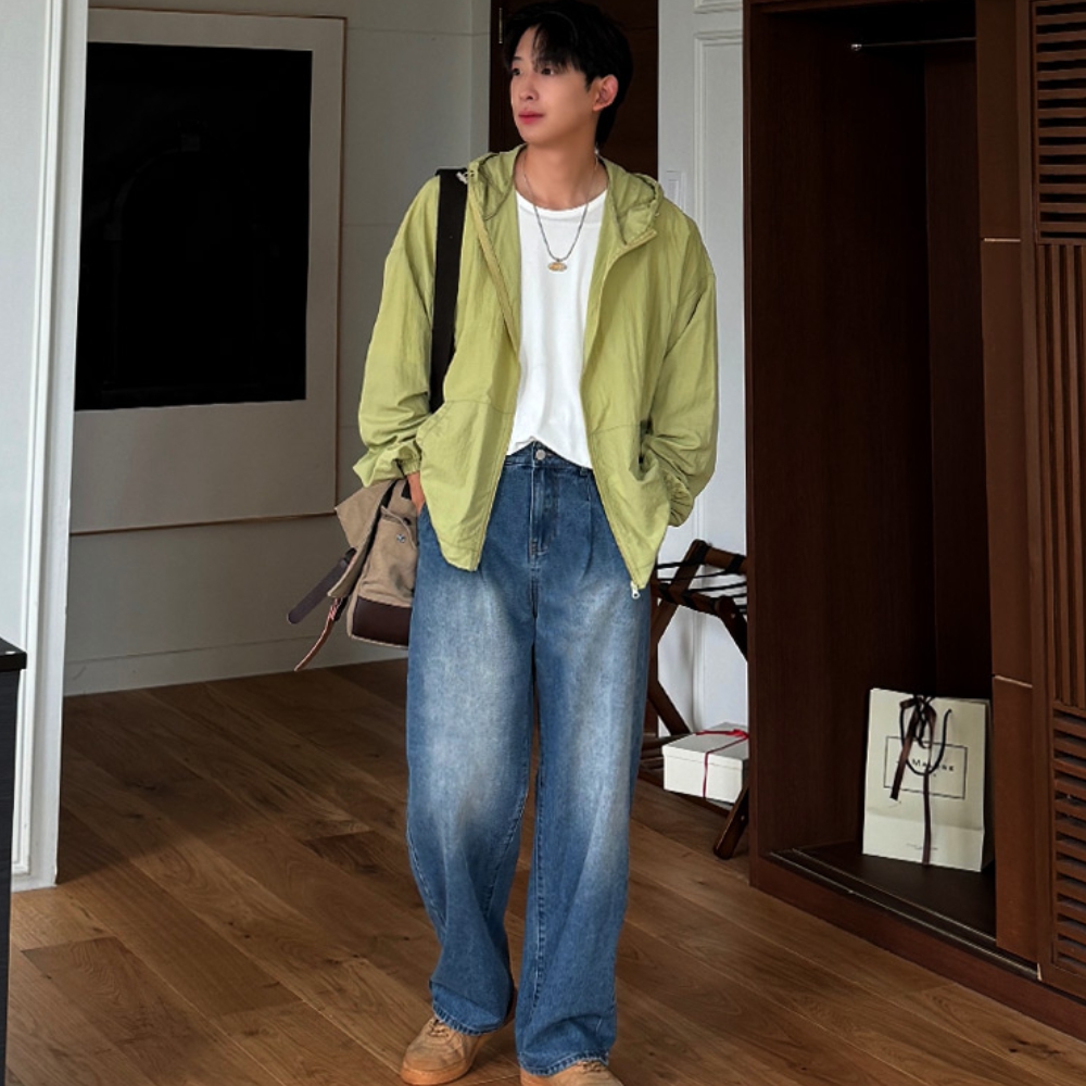 남자 더벌 봄 가을 사계절 브러쉬 워싱 더블 핀턱 와이드 데님 - 상세 이미지 4