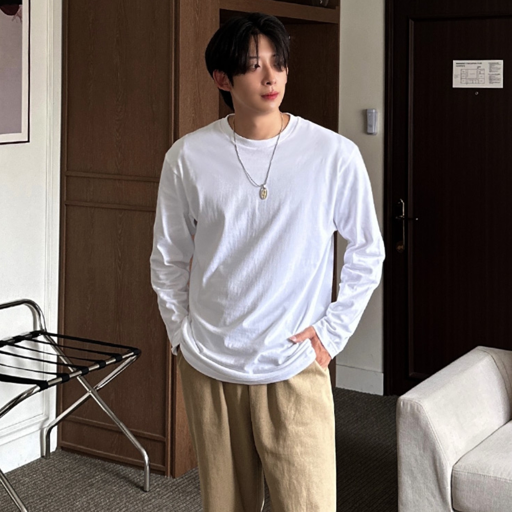 1+1 남자 딕레 봄 가을 무지 라운드 긴팔 티셔츠 8컬러 - 상세 이미지 2