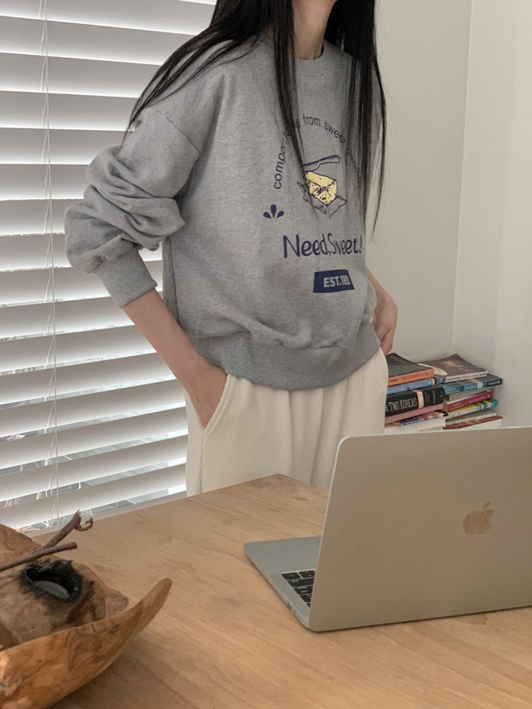 오버핏 버터 프린팅 레터링 세미크롭맨투맨 여성 맨투맨 박스티 봄 여자 티셔츠 면 라운드 - 상세 이미지 3