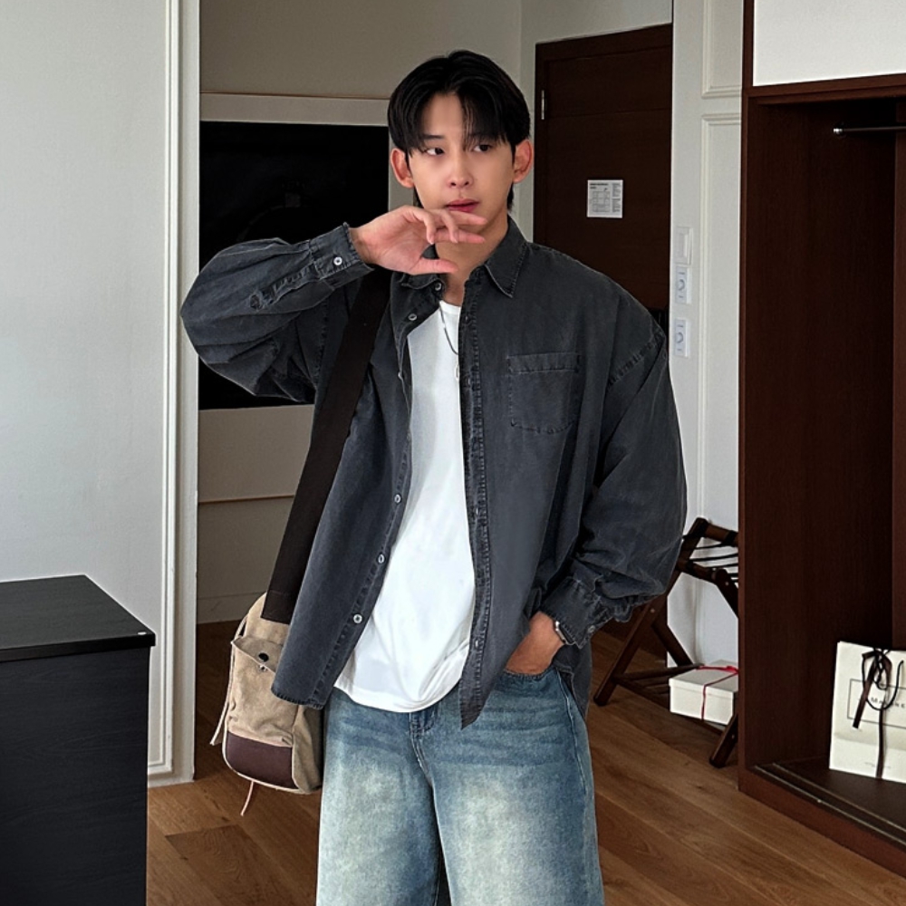 남자 어링 오버핏 봄 가을 면 피그먼트 셔츠 남방 - 상세 이미지 3