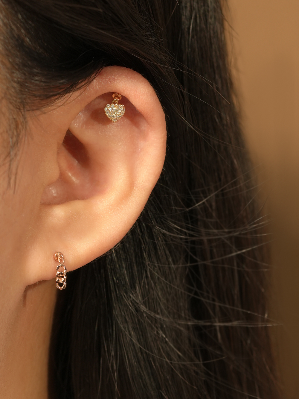 [0.8mm]14K 인터널 큐빅 하트 드롭 라블렛 피어싱 귀걸이 - 상세 이미지 3