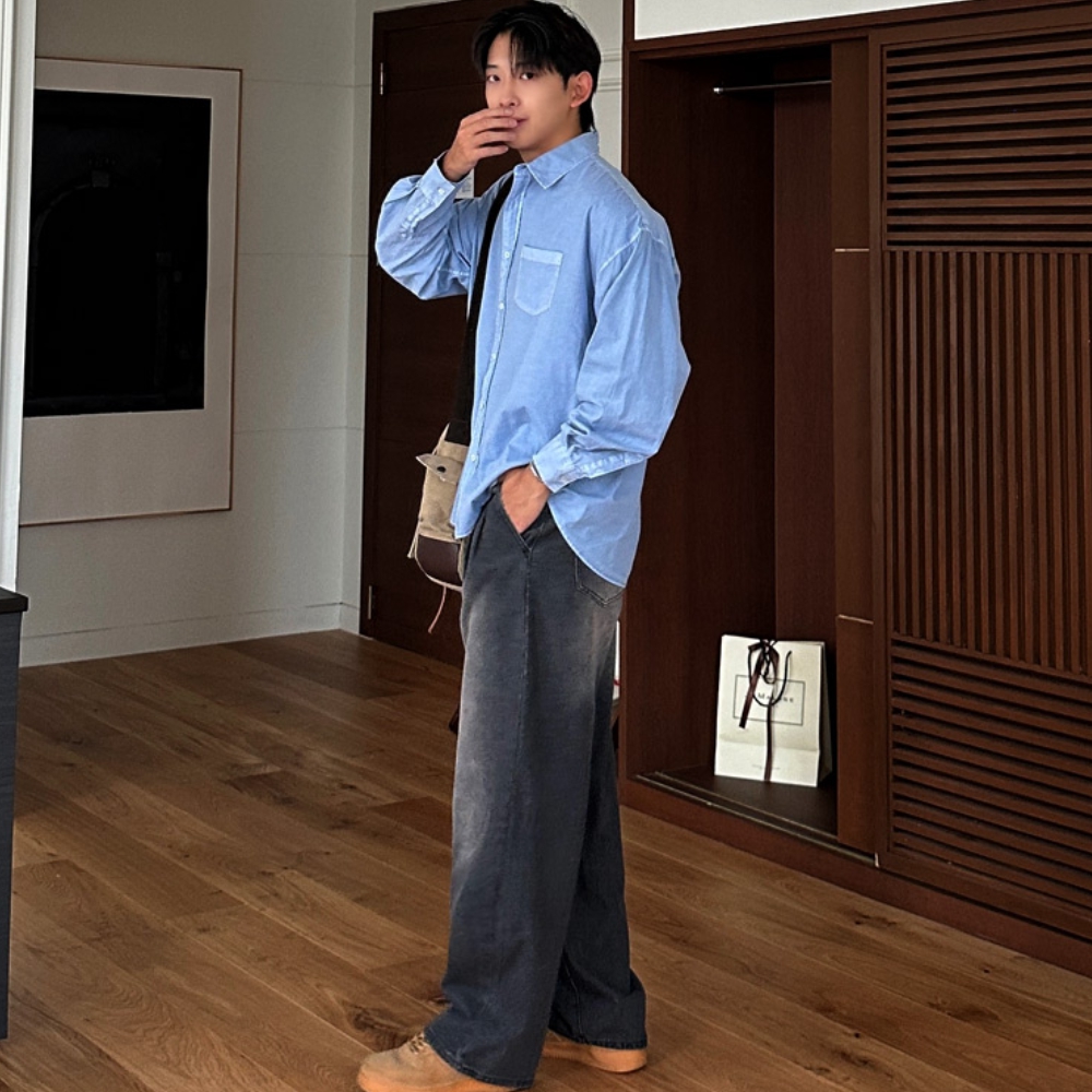 남자 더벌 봄 가을 사계절 브러쉬 워싱 더블 핀턱 와이드 데님 - 상세 이미지 5