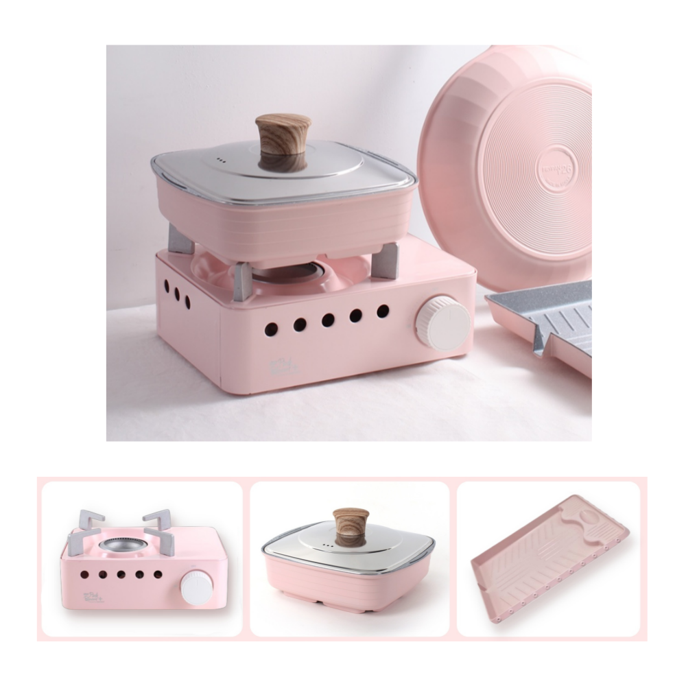 핑크 미니 가스버너 휴대용 고기 불판 냄비 브루스타 3종 세트
