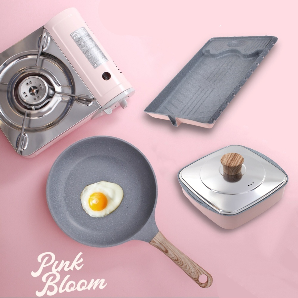 캠핑버너 휴대용 가스버너 미니 고기불판 다용도냄비 팬 핑크블룸 4종세트
