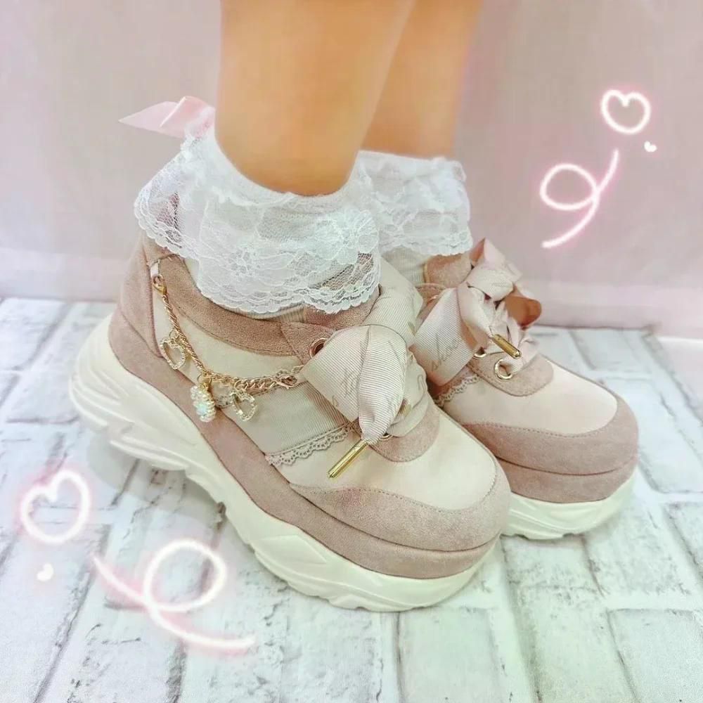 일본 하트 모양 진주 두꺼운 바닥 플랫폼 로리타 캐주얼 머핀 신발 달콤한 Pink size M 36 37 이미지 6