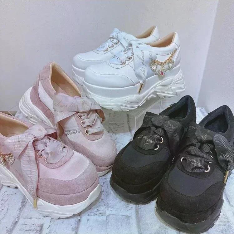 일본 하트 모양 진주 두꺼운 바닥 플랫폼 로리타 캐주얼 머핀 신발 달콤한 Pink size M 36 37 - 상세 이미지 3