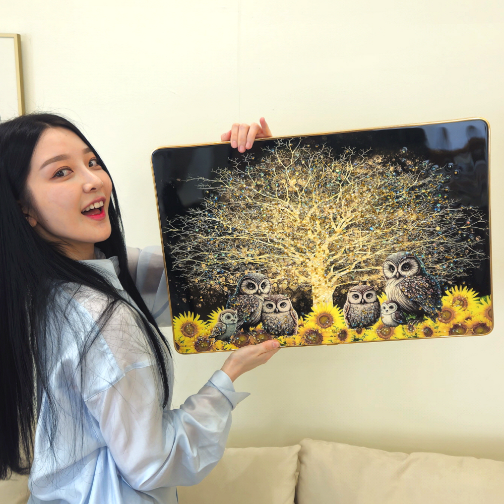 돈들어오는그림 식당개업 집들이 선물 돈나무 부엉이 해바라기 액자 600X400mm, 블랙골드 - 상품 이미지