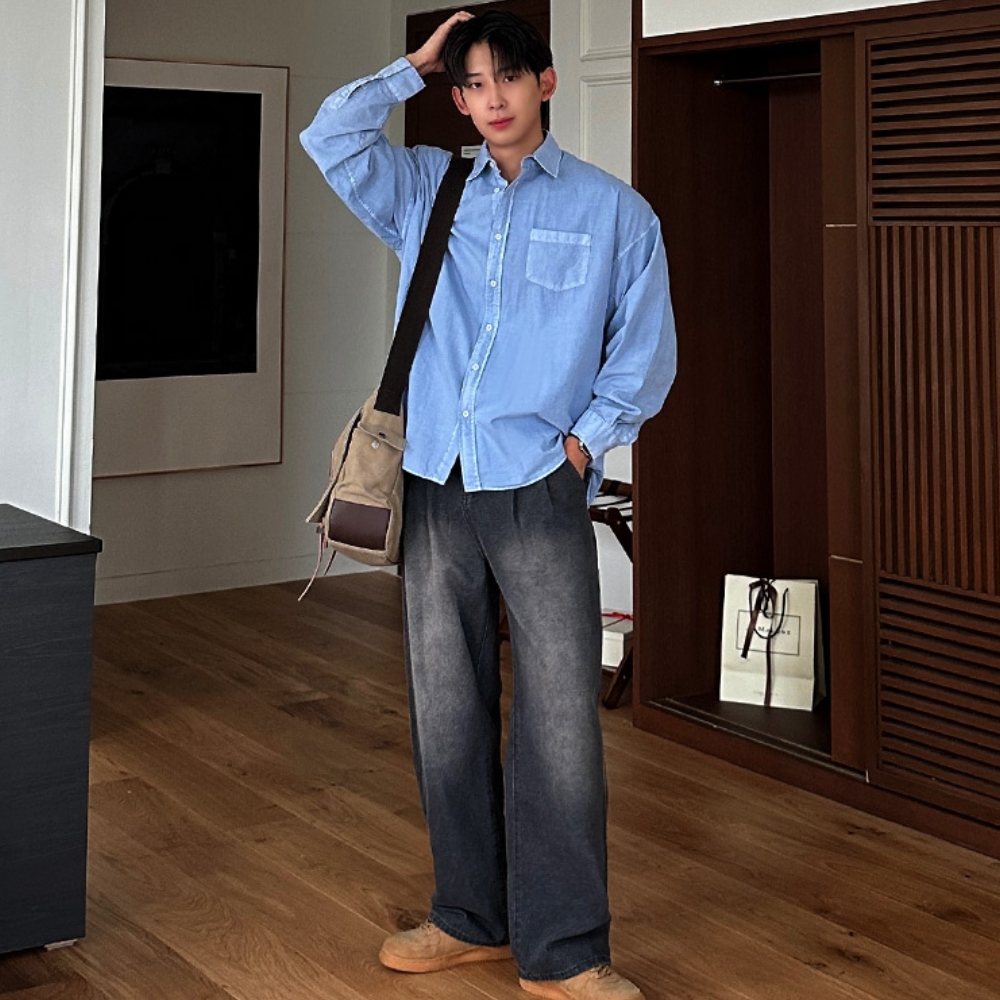 남자 어링 오버핏 봄 가을 면 피그먼트 셔츠 남방 - 상세 이미지 5
