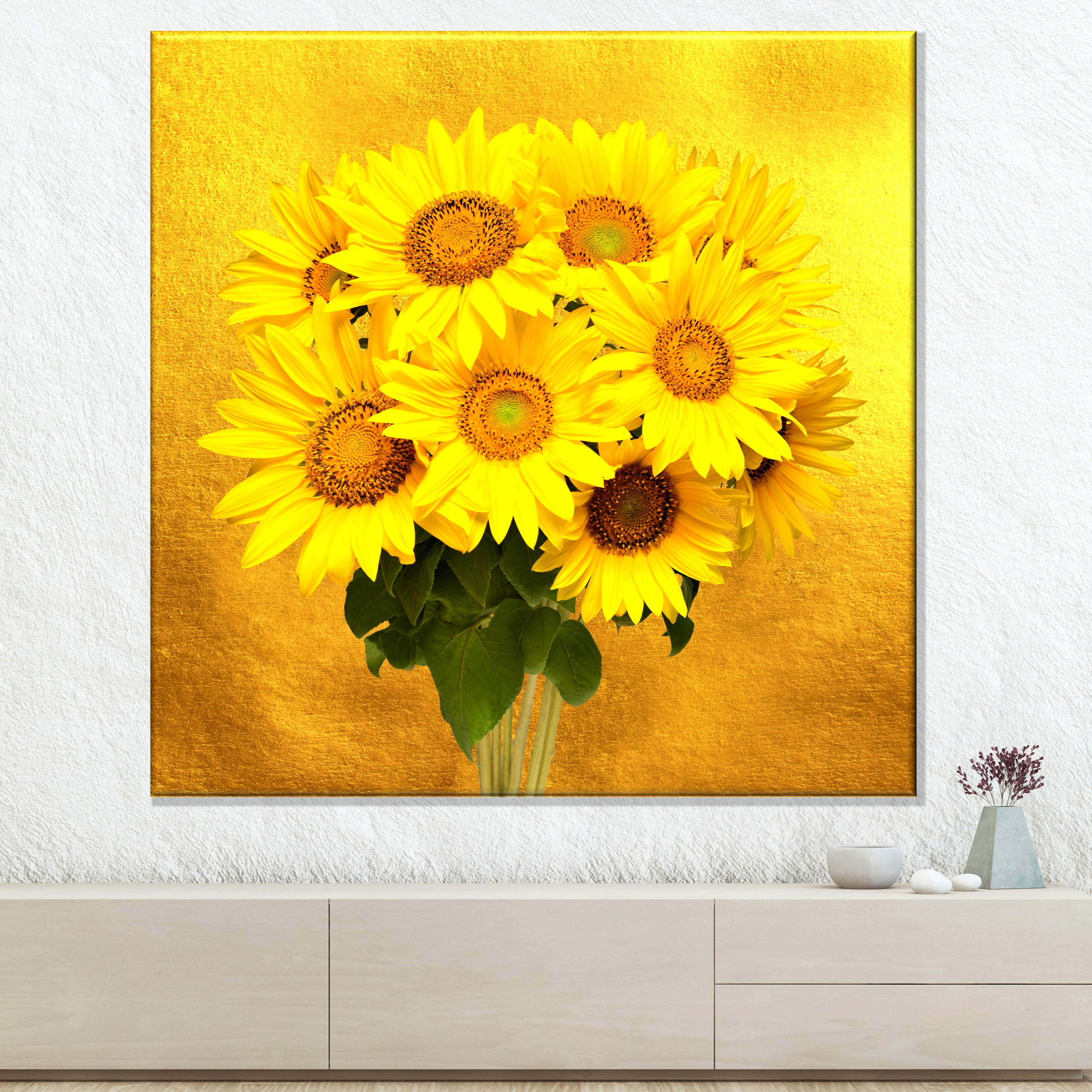 해바라기 액자 그림 80x80cm 거실인테리어 돈들어오는 황금배경 9송이 해바라기 캔버스