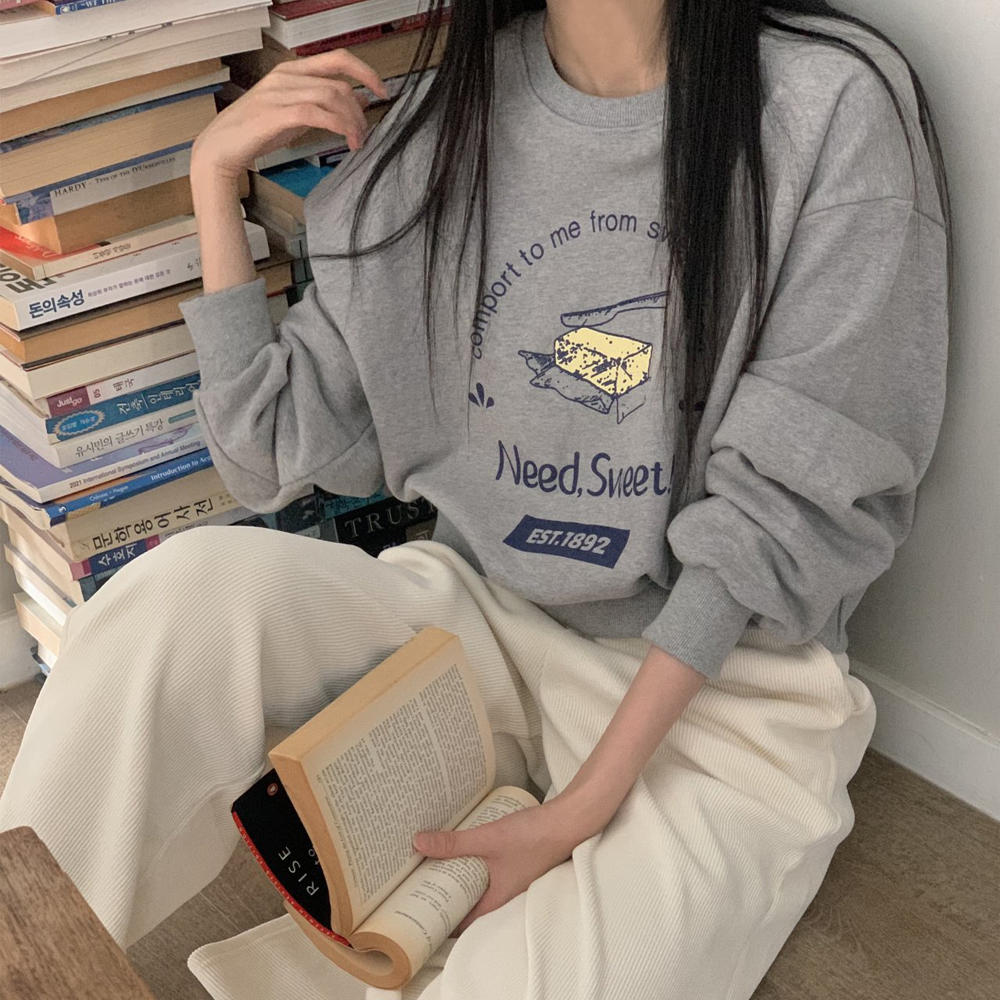 오버핏 버터 프린팅 레터링 세미크롭맨투맨 여성 맨투맨 박스티 봄 여자 티셔츠 면 라운드