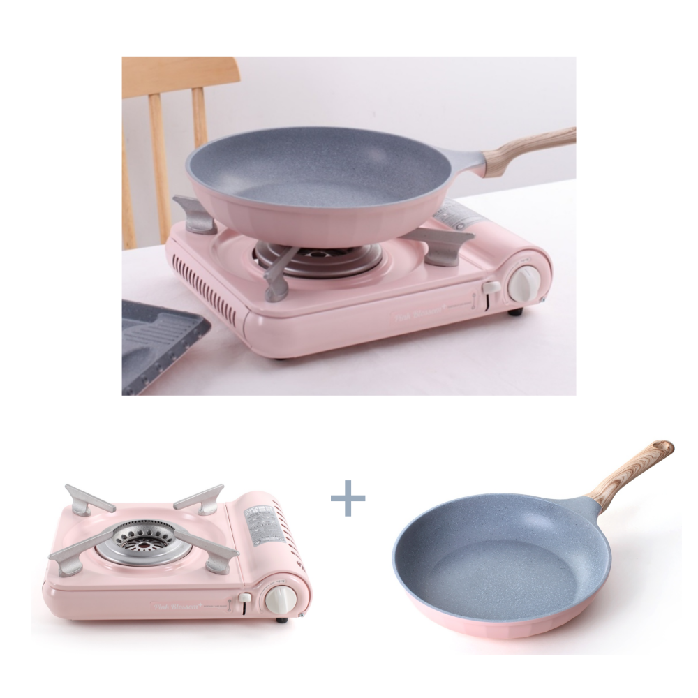 핑크 휴대용버너 슬림 가스버너 후라이팬 26cm 프라이팬 2종