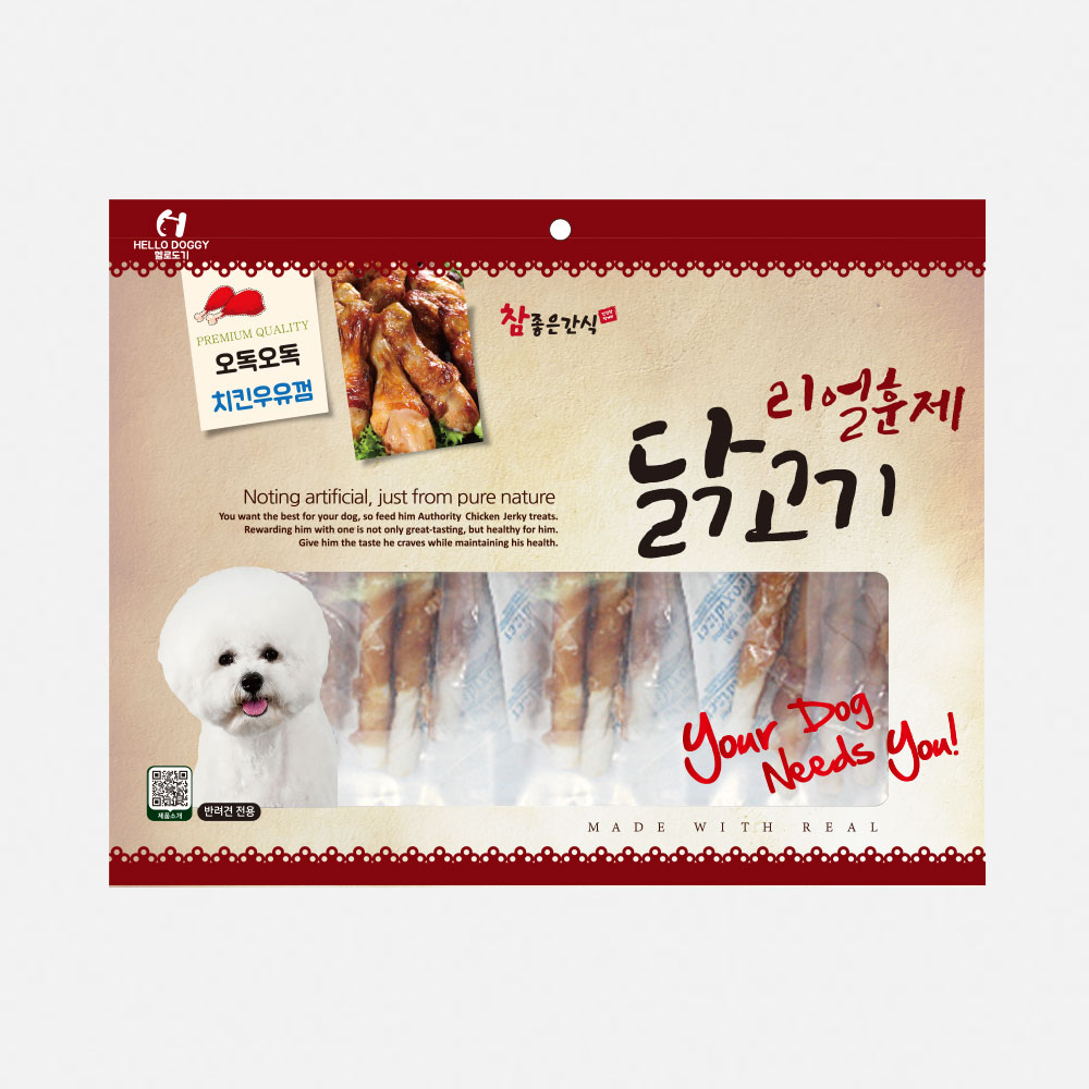 헬로도기 리얼훈제 강아지건조간식 강아지대용량간식 사사미 치킨우유껌, 150g, 1개 - 메인 이미지
