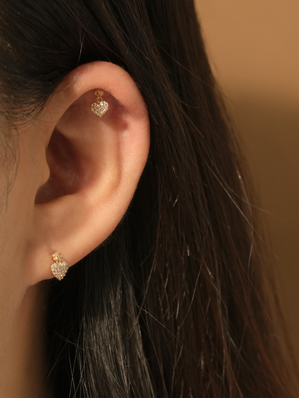 [0.8mm]14K 인터널 큐빅 하트 드롭 라블렛 피어싱 귀걸이 - 상세 이미지 2