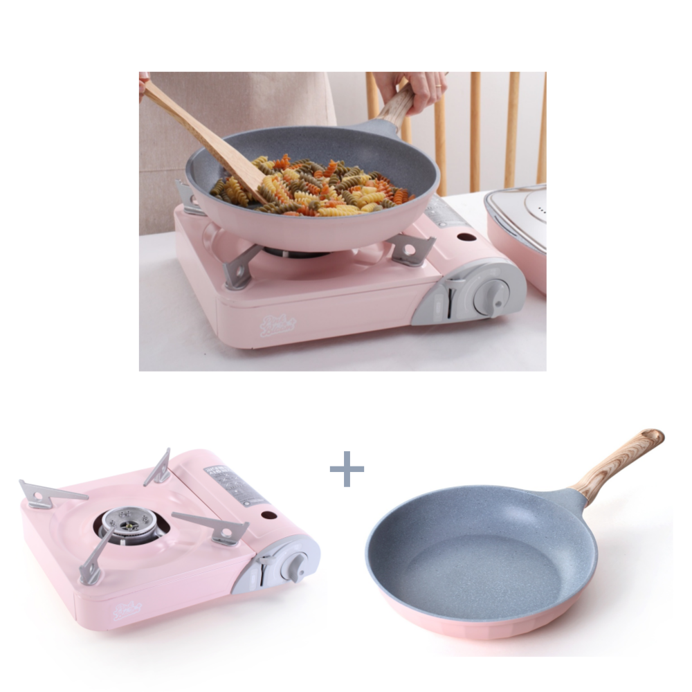 핑크 휴대용 가스버너 캠핑 버너 썬터치 브루스타 후라이팬 2종 세트