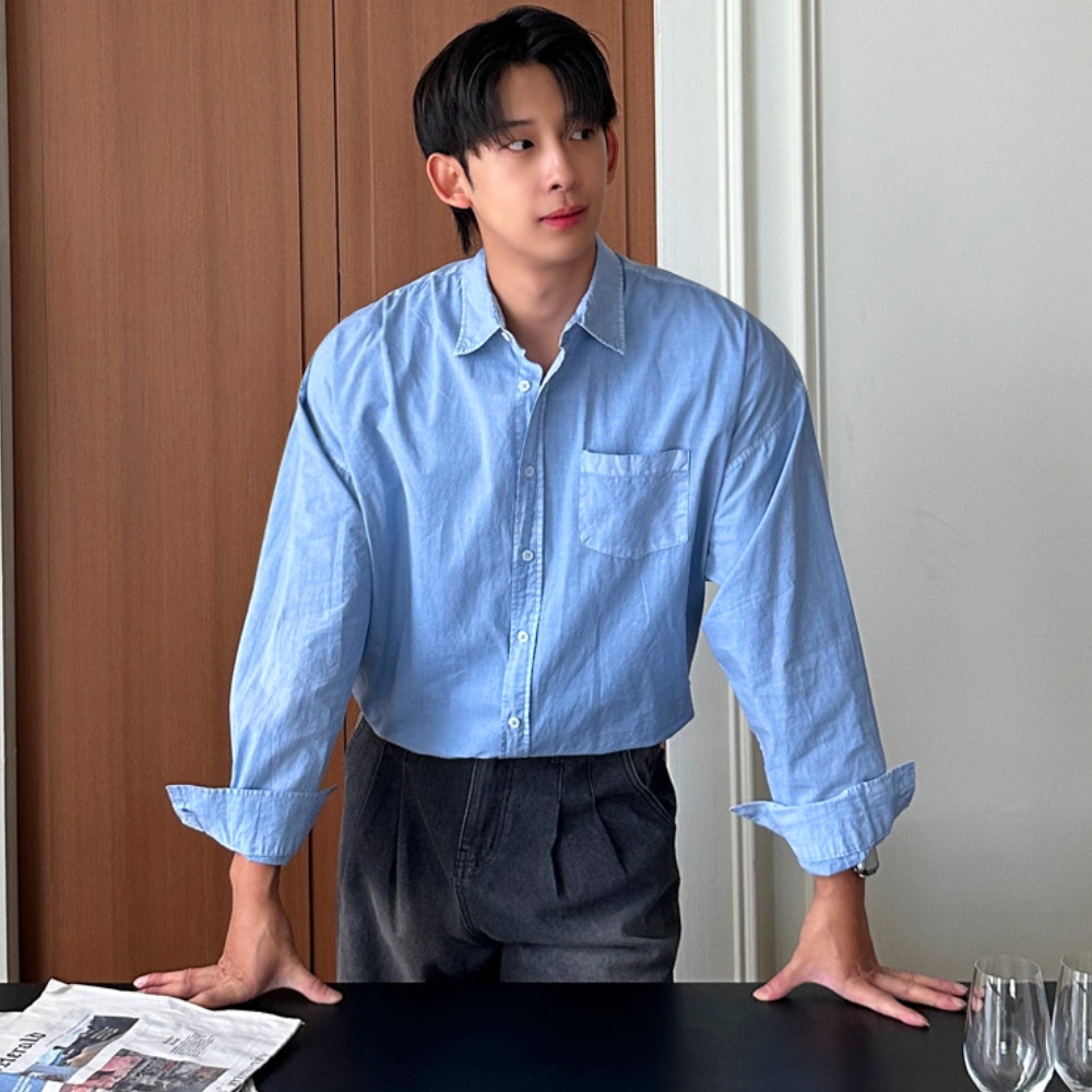 남자 어링 오버핏 봄 가을 면 피그먼트 셔츠 남방 - 메인 이미지