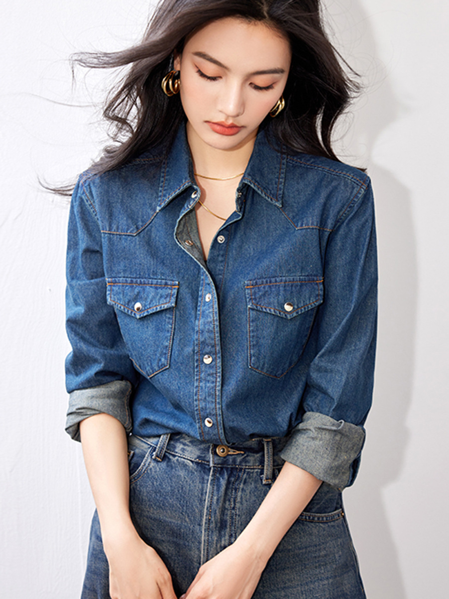 고퀄리티 부드러운 진청 딥블루 빈티지 데님 청 셔츠 - 메인 이미지