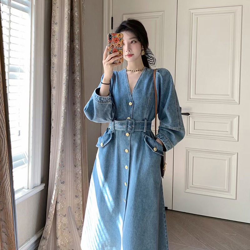다양한사이즈 앞단추 여밈 데님원피스 연청원피스 롱  로브형원피스 벨트