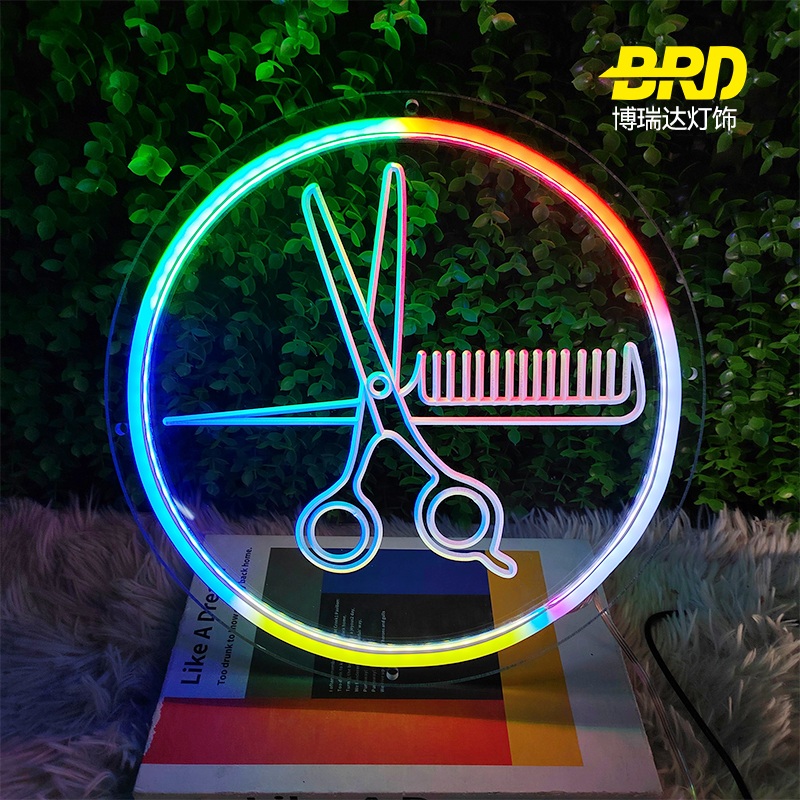 미용실 네온사인 LED 조명 이발소 가위 빗 광고판 가위 (30X30cm) - 상품 이미지