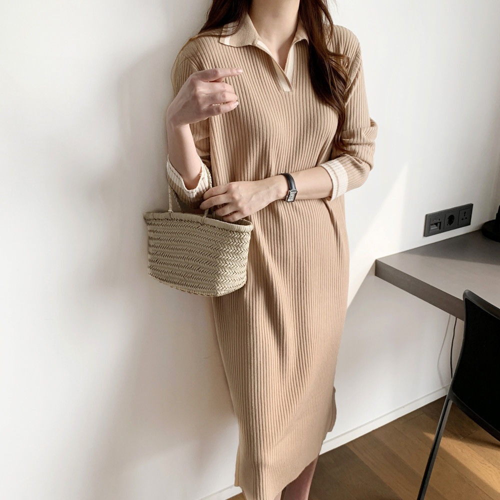 루즈핏 배색 카라 원피스 골지 니트 롱 원피스 H라인 여자 가을 원피스 베이지 블랙