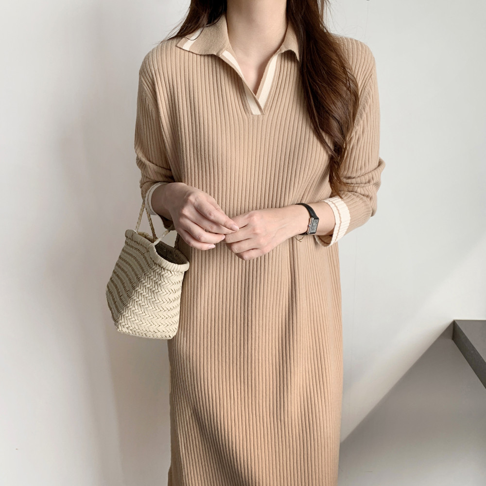 루즈핏 배색 카라 원피스 골지 니트 롱 원피스 H라인 여자 가을 원피스 베이지 블랙
