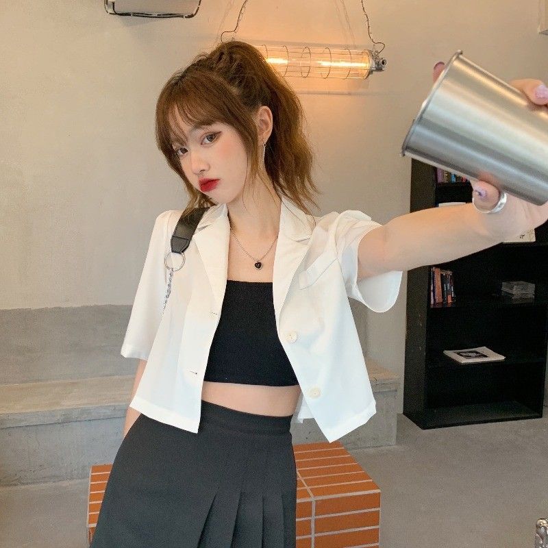 자켓 숏 화이트 짧은 여름 반팔카라자켓 여성 - 상품 이미지